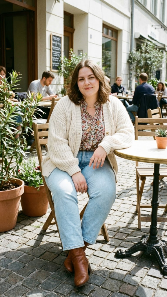 Soft Cardigan + Floral Top + Jeans