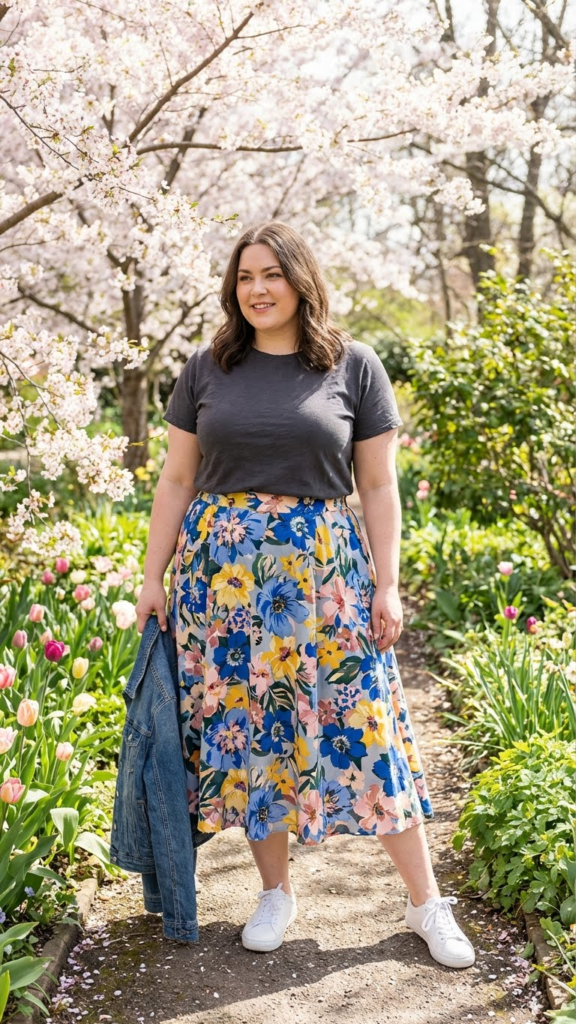 Neutral Tee + Statement Spring Skirt