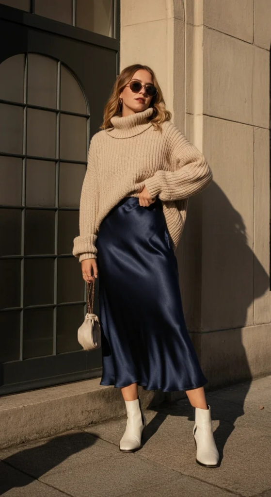 Satin Midi with Chunky Sweater
