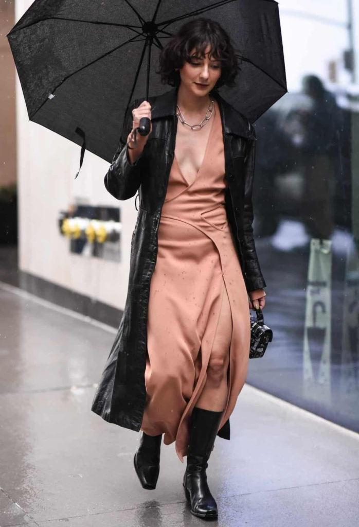 Peach Dress with Leather Trench