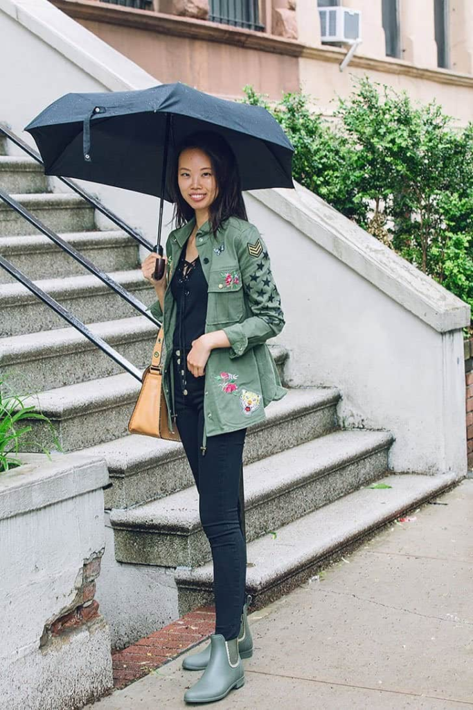 Embroidered Military Jacket and Rainboots