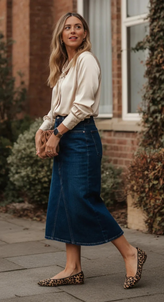 Denim Midi with Silk Blouse
