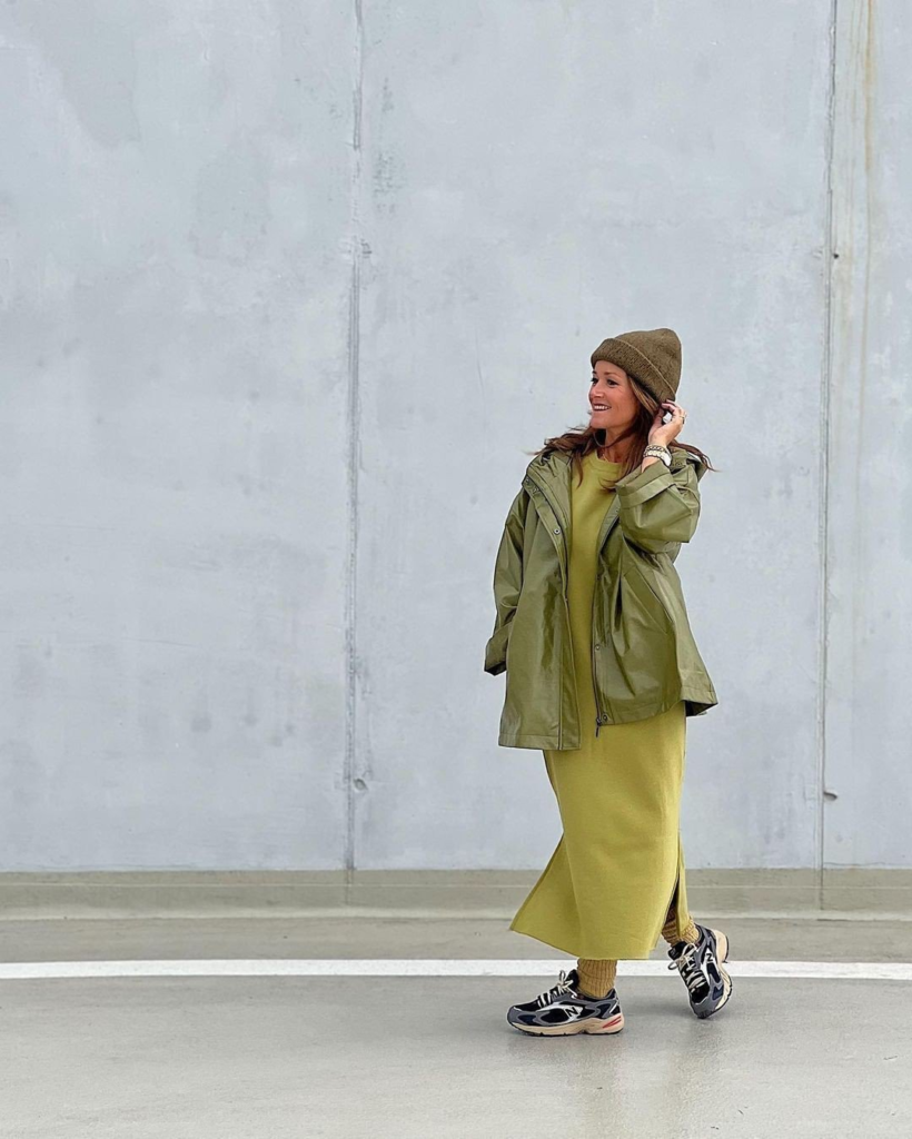 Olive Jacket with Chartreuse Dress
