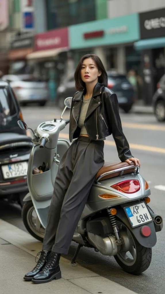 Black Leather Jacket with Wide-Leg Trousers