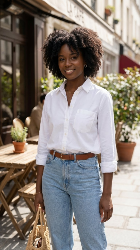 White Button-Up Shirt + Light-Wash Jeans