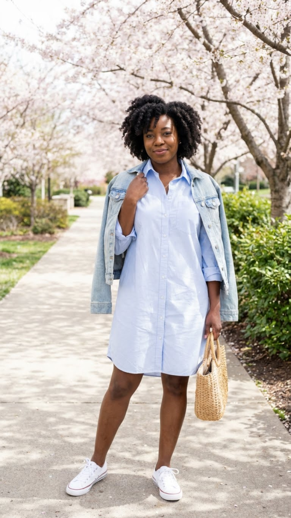 Button-Up Shirt Dress + Sneakers