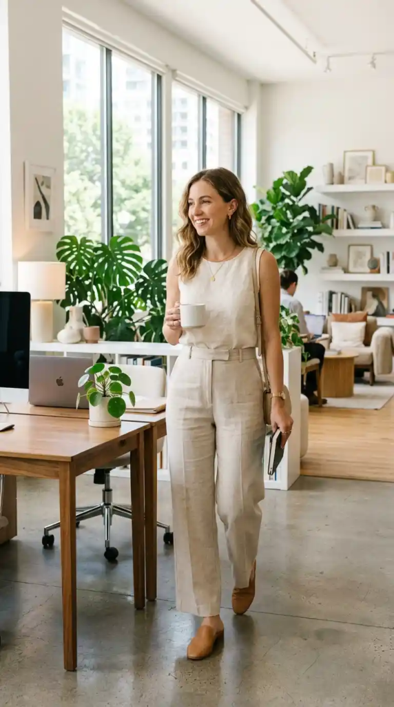 Sleeveless Blouse with High-Waisted Pants