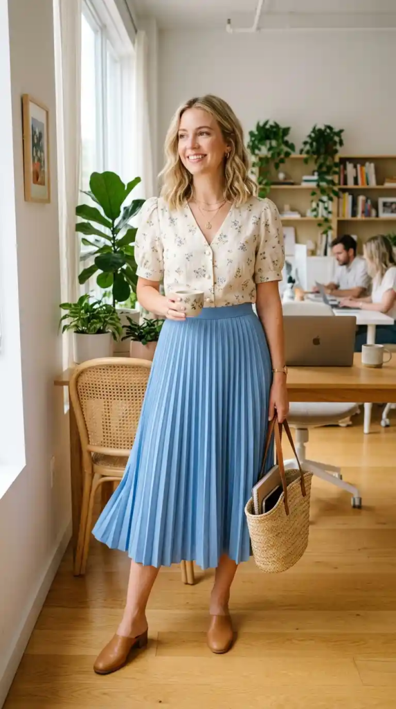 Short-Sleeve Blouse with Pleated Skirt