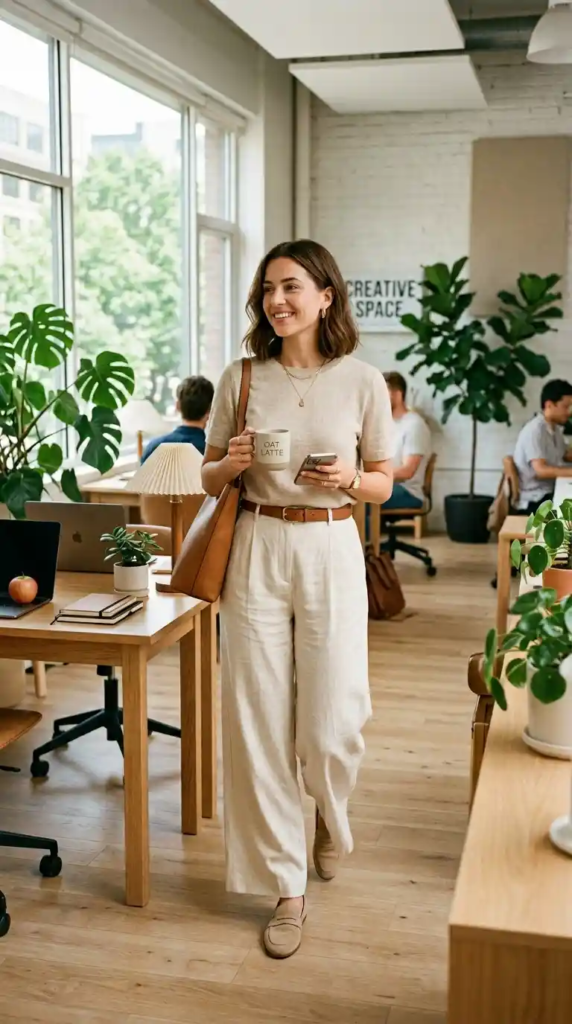 Neutral Top with Wide-Leg Trousers