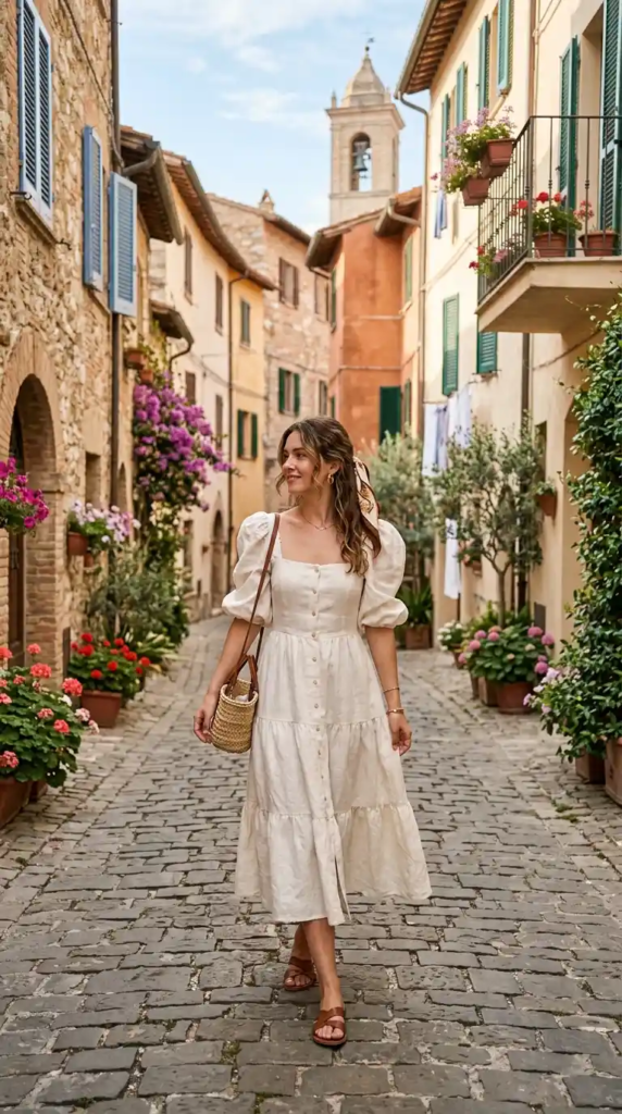 Puff Sleeve Dress with Flat Sandals