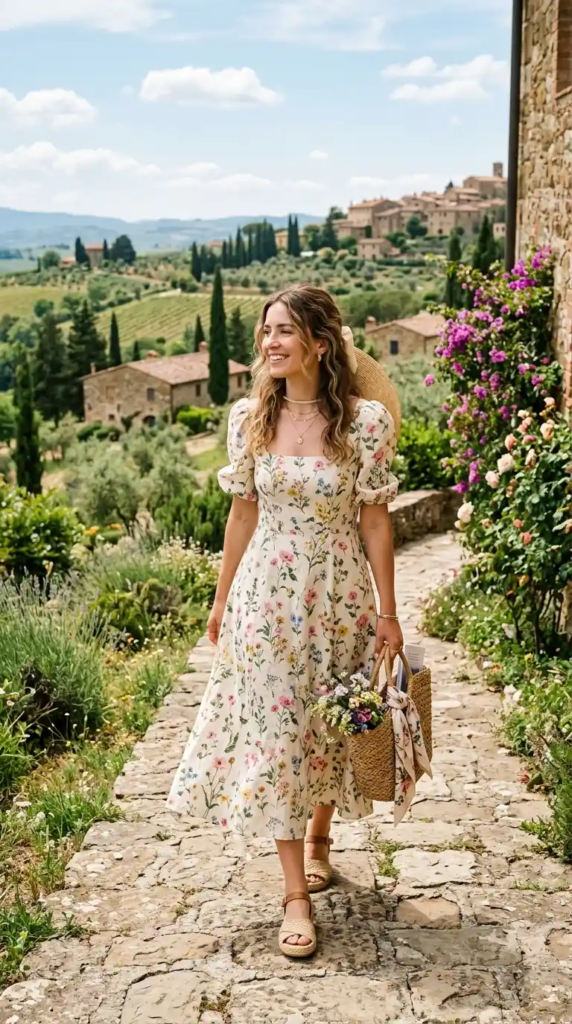  Floral Midi Dress with Woven Sandals