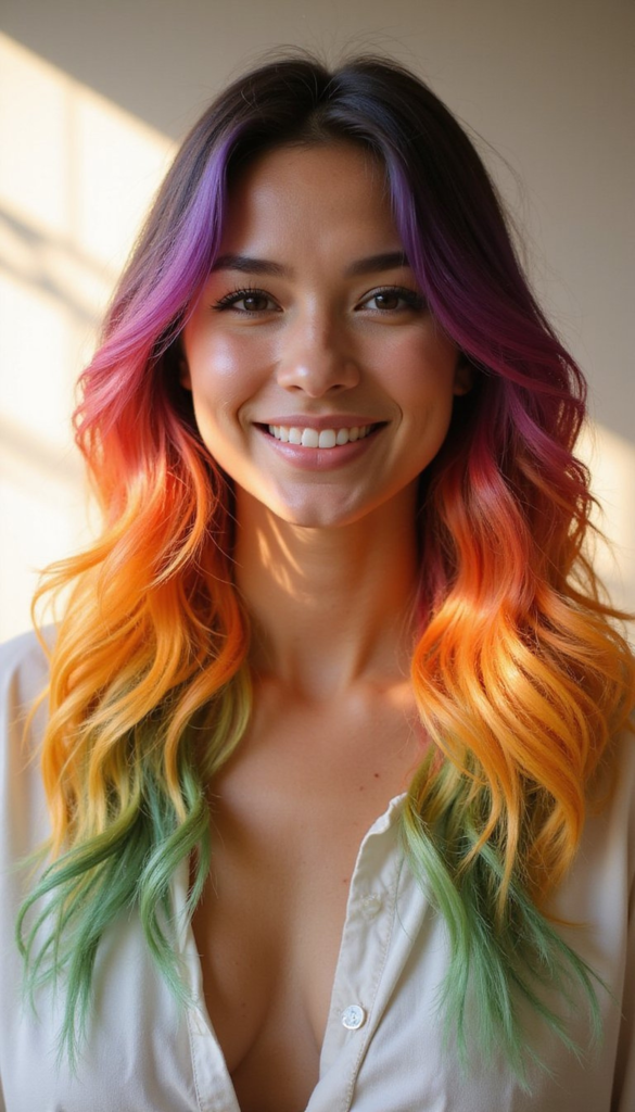 Vibrant Rainbow Ombre Ends With Beachy Waves