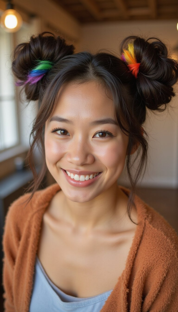 Double Space Buns With Colorful Rainbow Tips