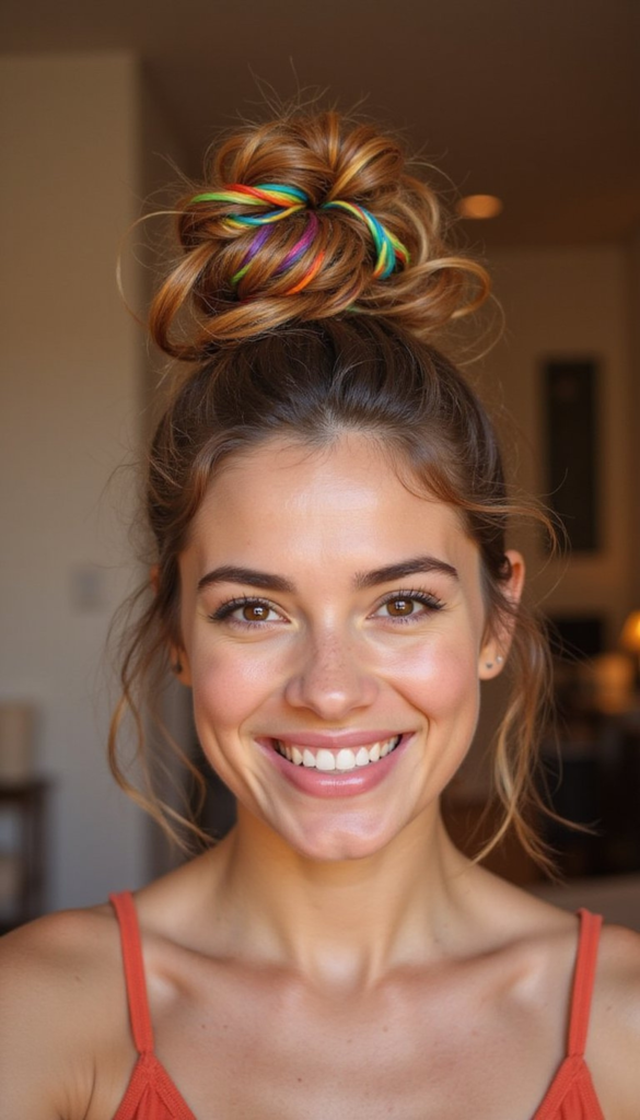 Messy Rainbow Top Knot With Twisted Strands