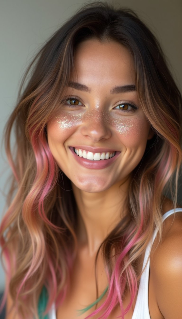 Glitter Roots And Rainbow Streaked Ends Combo
