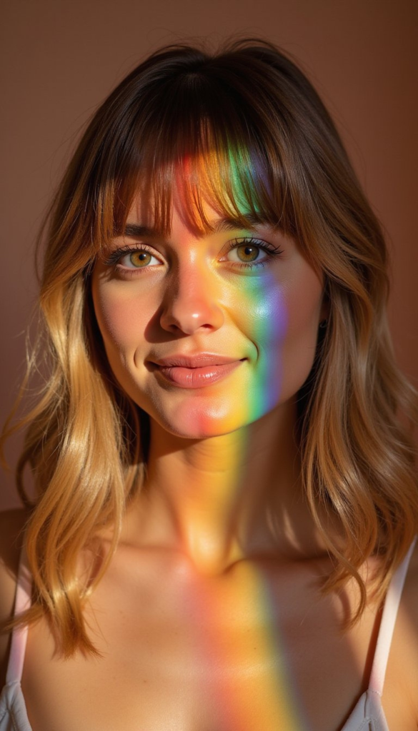 Rainbow Streaked Curtain Bangs For Face Framing