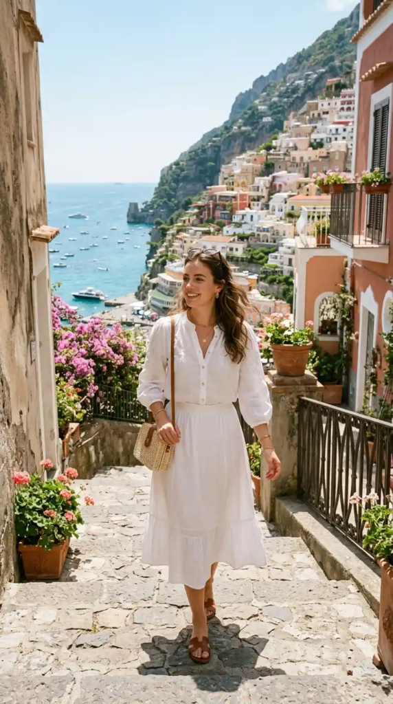 Lightweight Blouse with White Midi Skirt