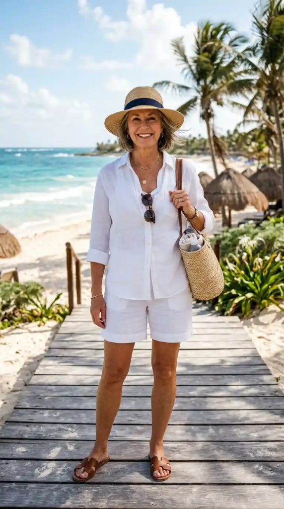 Linen Button Shirt with White Shorts