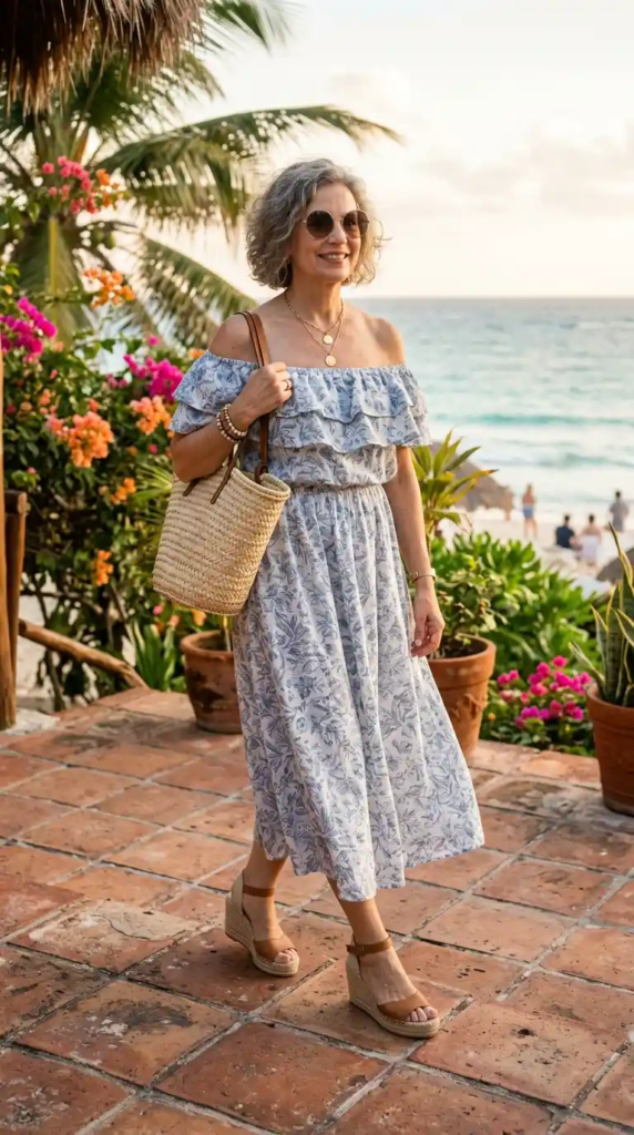 Off-Shoulder Dress with Wedge Sandals