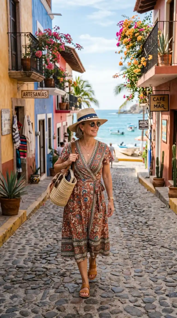 Printed Wrap Dress with Straw Hat