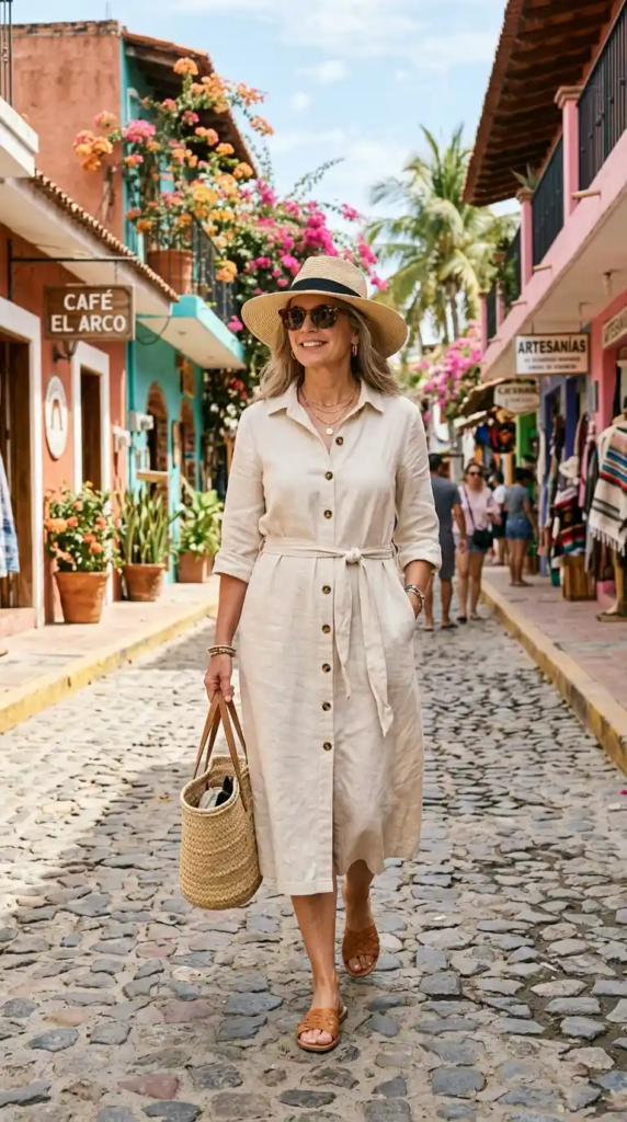 Button-Down Linen Dress with Slides