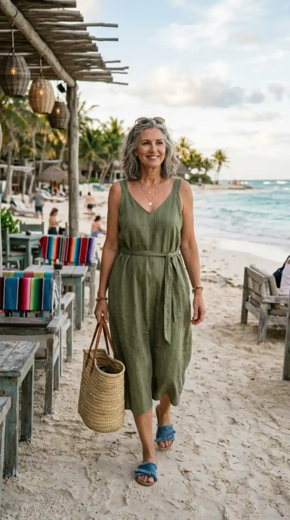 Relaxed Midi Dress with Denim Sandals