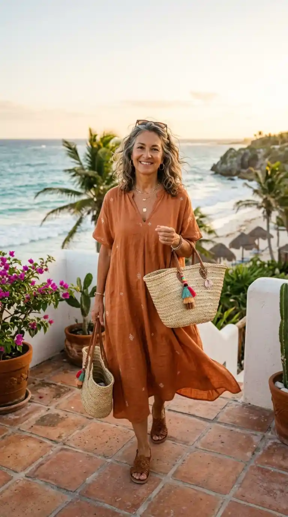 Flowy Tunic Dress with Straw Tote