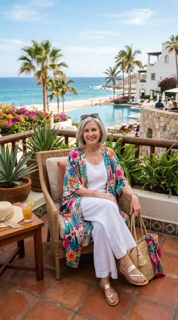 Tropical Kimono with White Wide-Leg Pants