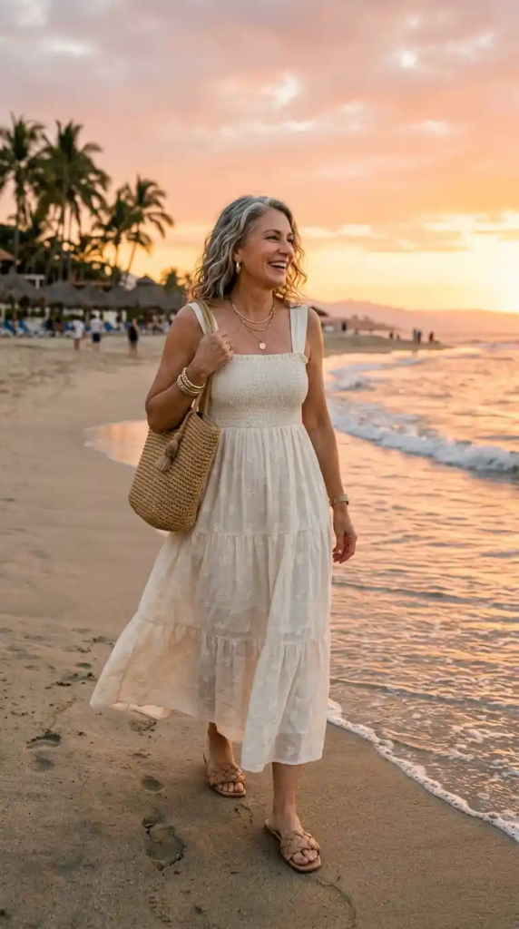 Smocked Maxi Dress with Neutral Slides