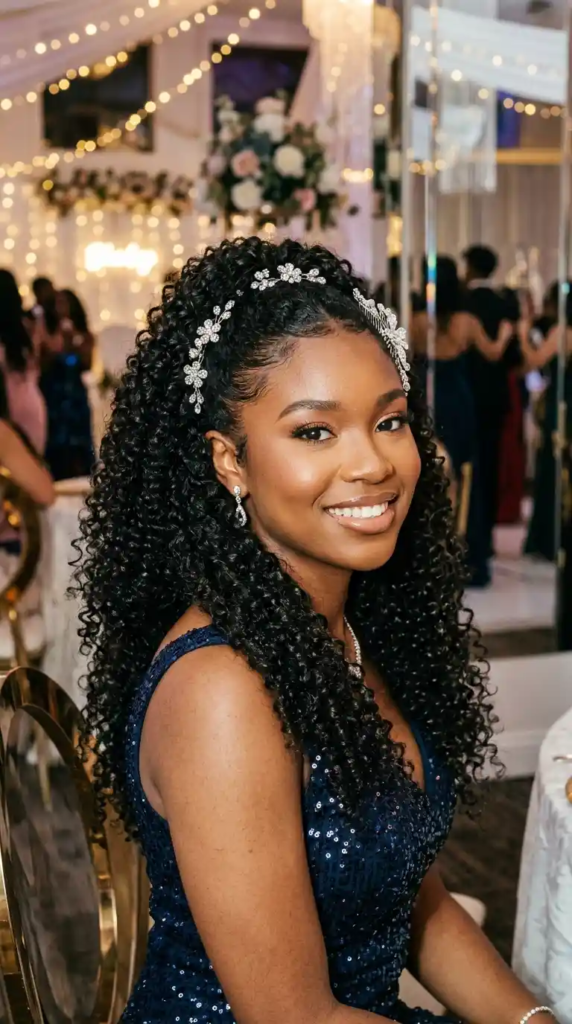 Half-Up Half-Down Curls with Rhinestones