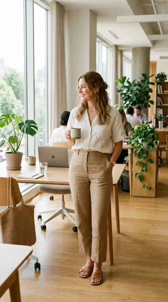 Linen Blouse with Straight-Leg Pants