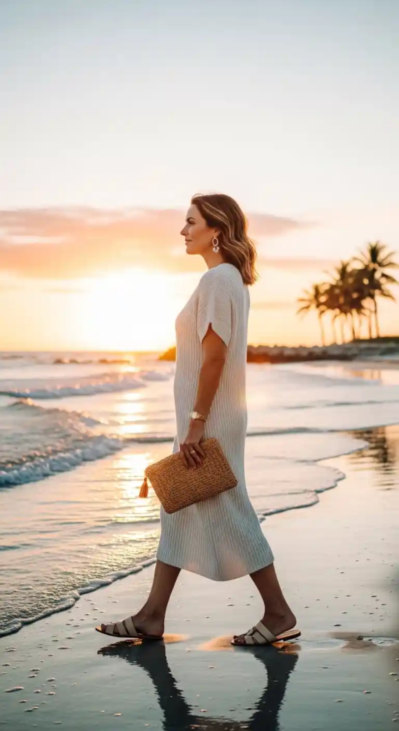 Relaxed Knit Dress with Flat Sandals
