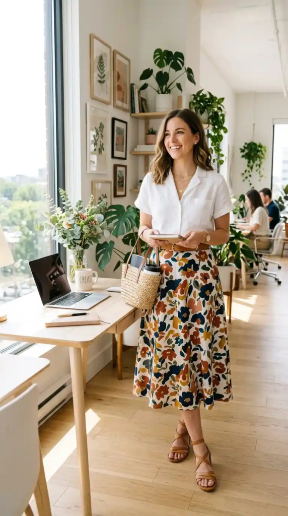 Button-Up Shirt with Midi Skirt
