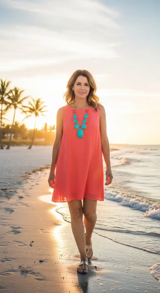 Sleeveless Shift Dress with Statement Necklace