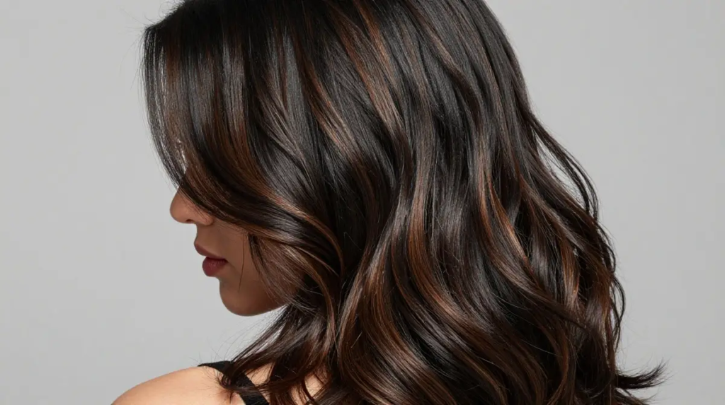 Black Hair Brown Highlights with Shine