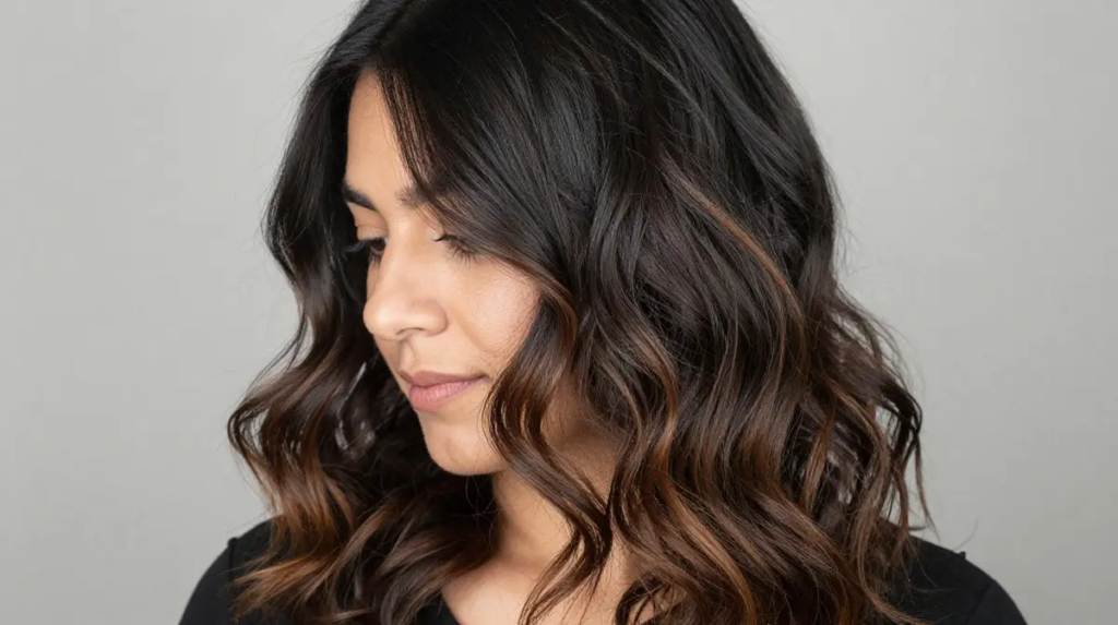 Brown Highlights on Black Wavy Hair