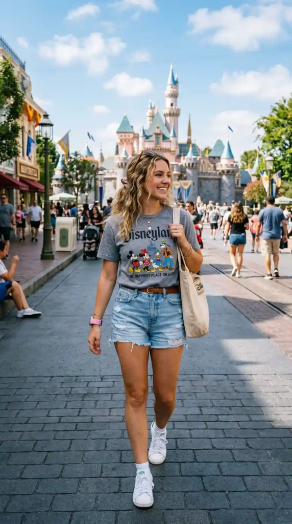 Graphic Tee with Denim Shorts and Sneakers