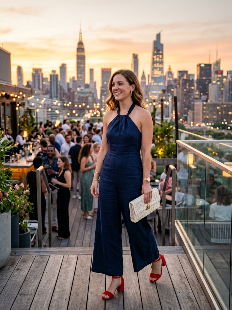 Navy Jumpsuit with Red Accessories