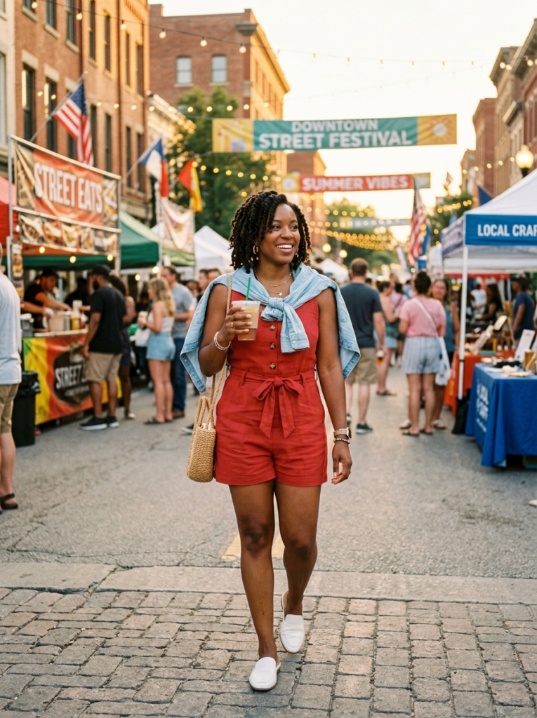 Red Romper with Denim Details